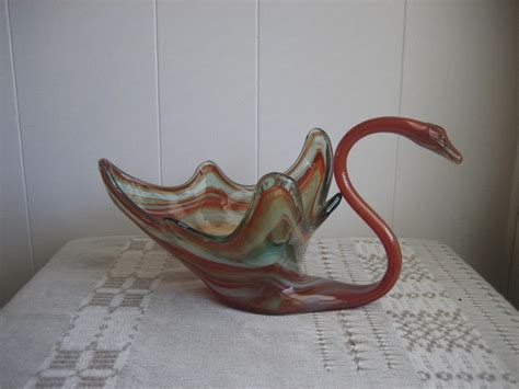 Vintage Mid Century Swan Art Glass Hand Blown Salmon Candy Bowl Dish Centerpiece Etsy