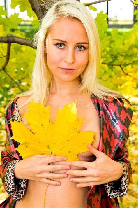 Portrait Of Young Woman With Maple Leaf Stock Image Image Of Maple