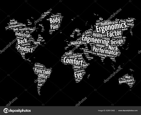 Ergonomie Wortwolke Form Einer Weltkarte Konzept Hintergrund Stock