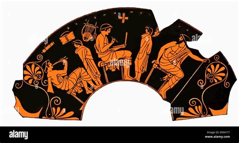 Ancient Greek vase depicting a school lesson with pupil playing flute ...