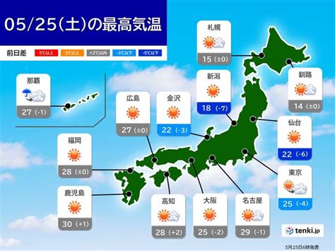 25日は広く晴天 西日本中心に暑さ続く 関東は気温ダウンも夏日 熱中症対策を気象予報士 青山 亜紀子 2024年05月25日 日本気象