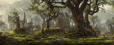 A Painting Of A Medieval Village In A Mossy Forest Stable Diffusion