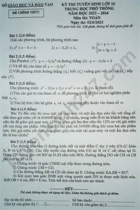 Đáp án đề thi môn Toán vào lớp 10 tỉnh Bình Dương 2023