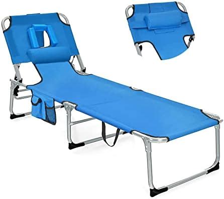 Gymax Folding Iron Outdoor Chaise Lounge Chair Bed Adjustable Patio