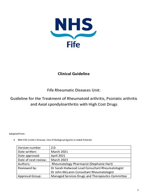 Fillable Online Fife Rheumatic Diseases Unit Guideline For The