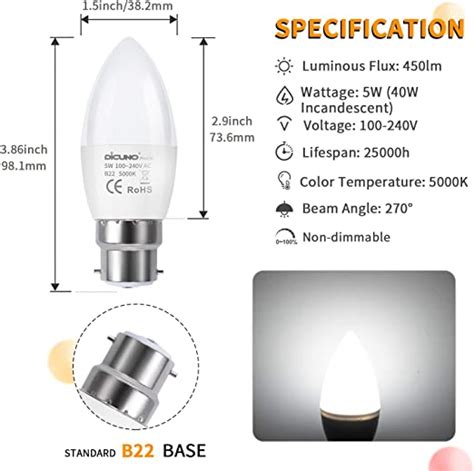 Set De 2 Becuri LED DICUNO B22 C37 Bec Lumanare Baioneta 5W Echivalent