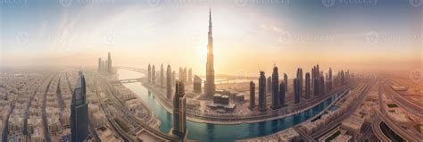 Amazing Panoramic View Of Dubai City Skyscraper During Sunset Or