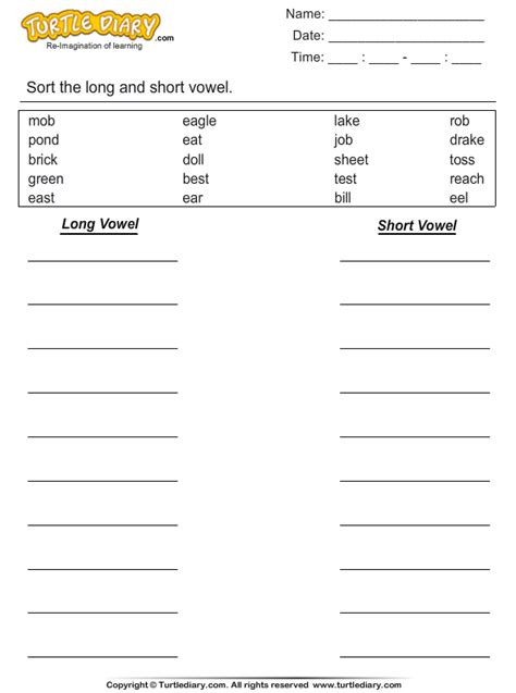 Long And Short Vowel Sound In Word List Turtle Diary Worksheet