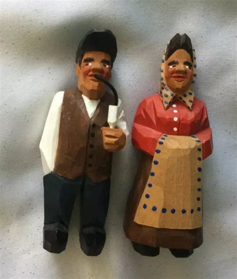 VINTAGE HAND CARVED Painted Wood Man Woman Couple Figurine Sweden