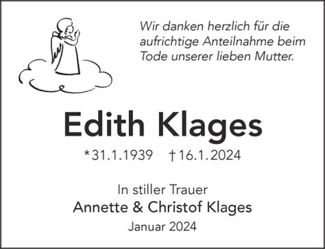 Traueranzeigen Von Edith Klages Trauer Gnz De