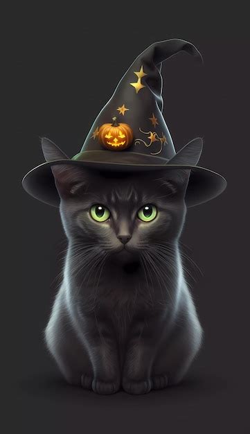 Premium AI Image A Black Cat Wearing A Witch Hat With Green Eyes Sits