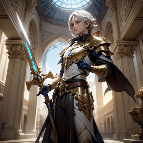 A close up of a person holding a sword in a building - SeaArt AI