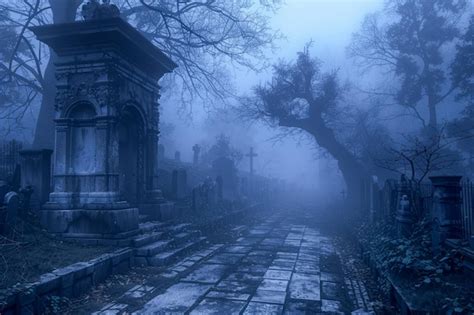 Premium Photo | Mysterious Foggy Graveyard at Night with Eerie ...