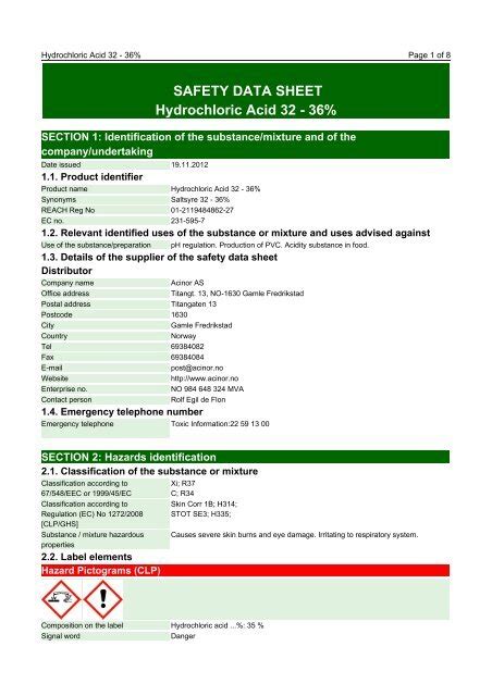 Safety Data Sheet Hydrochloric Acid 32 36