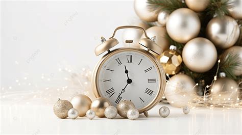 Composition With Clock And Festive Decor On White Background Christmas