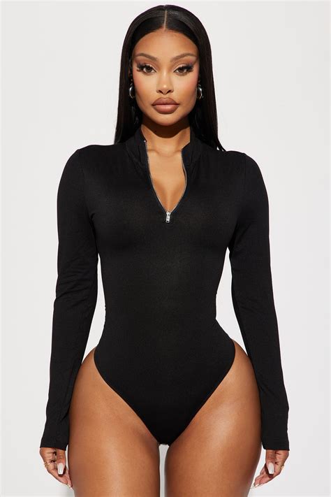 Safiya Zip Front Bodysuit Black Fashion Nova