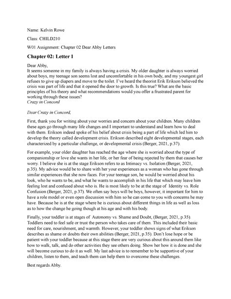 W01 Assignment Chapter 02 Dear Abby Letters Name Kelvin Rowe Class