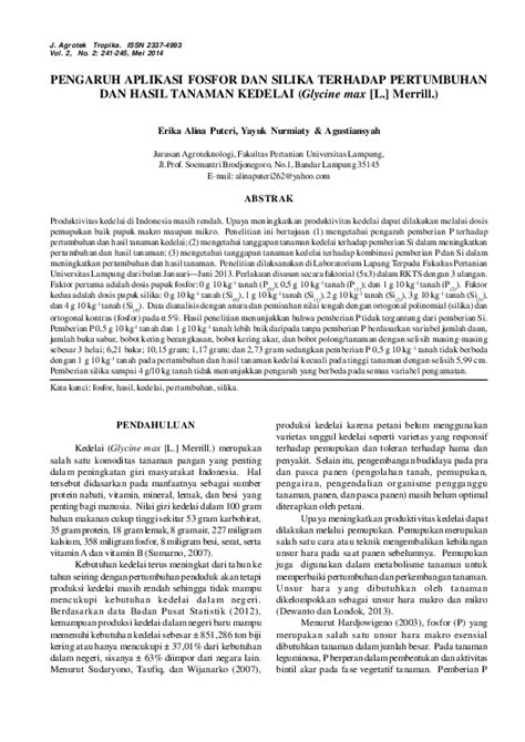 Pdf Pengaruh Aplikasi Fosfor Dan Silika Terhadap Pertumbuhan Dan Hasil Tanaman Kedelai