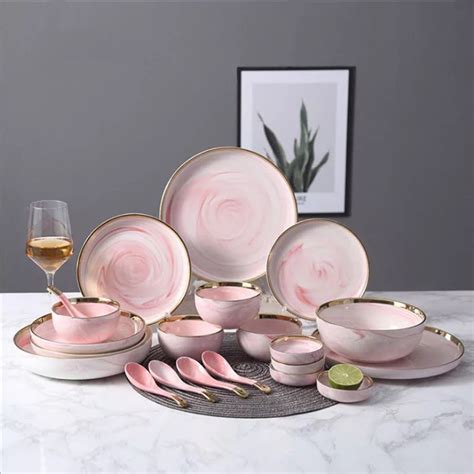 Pink Marble Ceramic Dinnerware Set Gold Rim Dinner Plate Rice Bowl