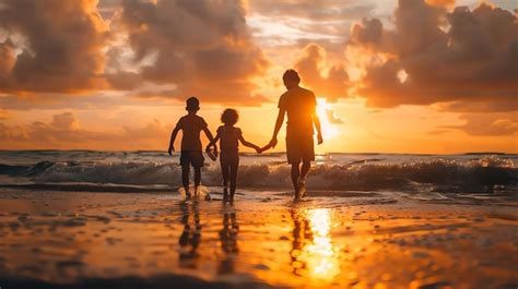 A imagem mostra um pai e seus dois filhos caminhando na praia ao pôr do