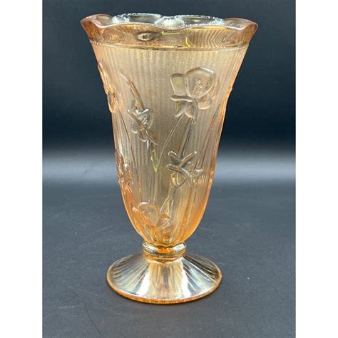 Vintage Marigold Jeanette Irises And Herringbone Footed Vase Carnival Glass Etsy In 2024