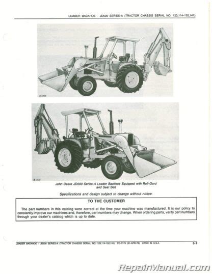 John Deere Jd Series A Loader Backhoe Parts Manual Tractor Serial