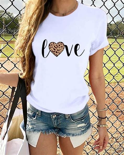 Love Heart Women Short Sleeve Shirt Printed Leopard Tops T Shirt Rot