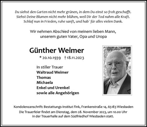 Traueranzeigen von Günther Weimer vrm trauer de