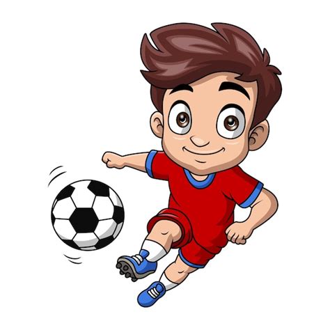 Dessin Animé Mignon Petit Garçon Jouant Au Football Vecteur Premium