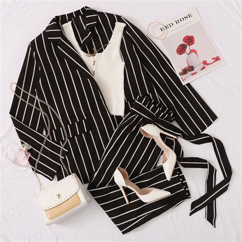 Shein Notch Collar Striped Blazer And Paperbag Waist Belted Pants Set Trendy Dress Outfits Cute