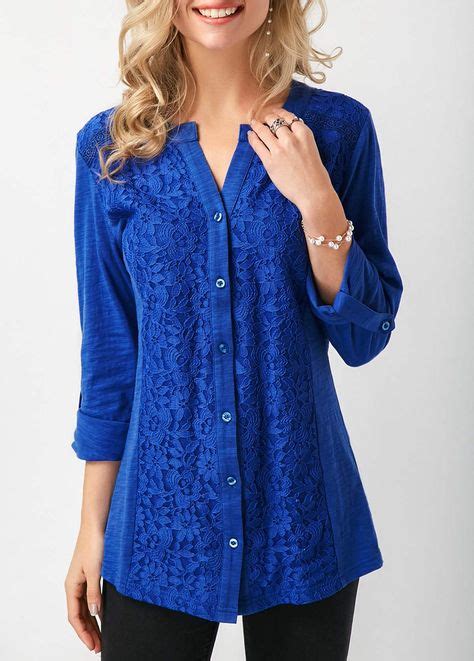 Lace Panel Royal Blue Long Sleeve Blouse Usd 26 35