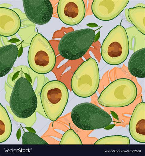 Avocado Seamless Pattern Whole And Sliced Vector Image