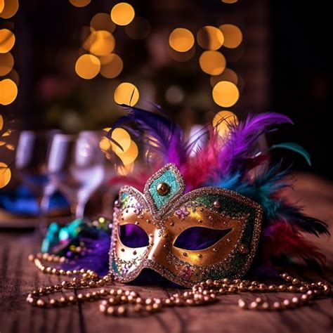 Premium Ai Image A Mardi Gras Mask And Glasses On A Table