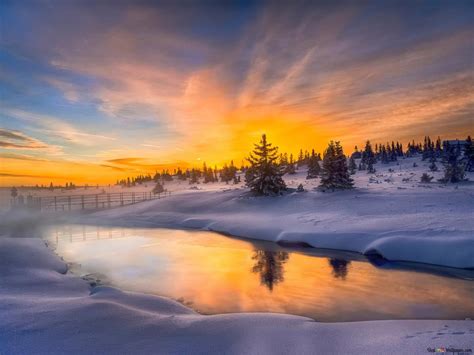 Reflection of sunset in the lake at winter HD wallpaper download