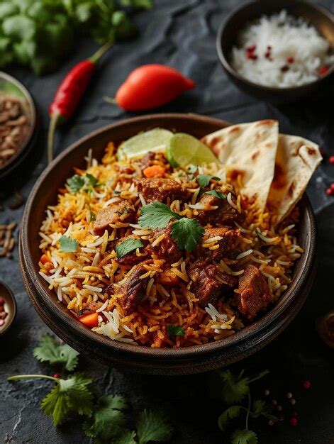 Premium Photo A Wooden Bowl Filled With Rice And Meat