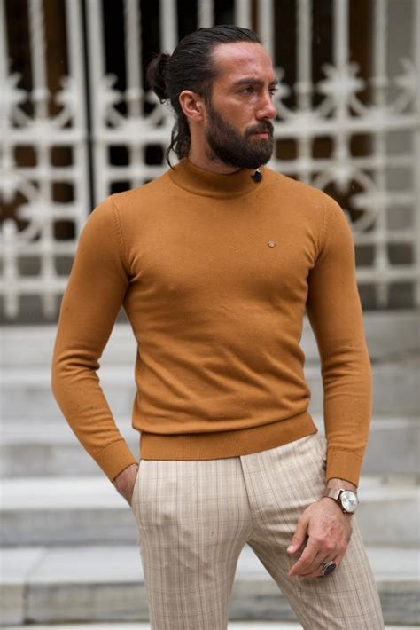 Camel Slim Fit Mock Turtleneck Sweater For Men GentWith