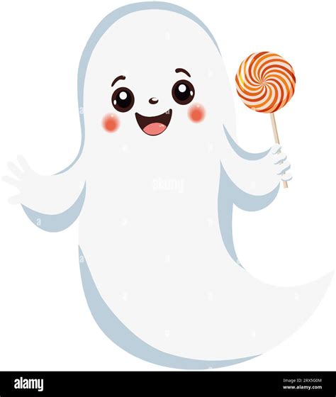 Cute Halloween Ghost With A Candy Lollipop In His Hand Creepy Cartoon