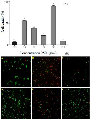 (A) Cell death assay performed at a concentration of the 250 µg/mL in ...