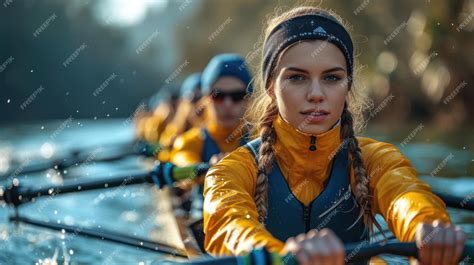 Premium Photo | Beautiful women39s rowing team on blue water Teamwork concept