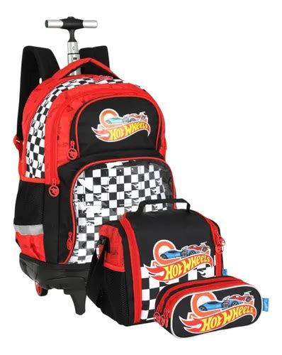 Mochila Juvenil Kit Lancheira Estojo Duplo Luxcel Hot Wheels Frete grátis