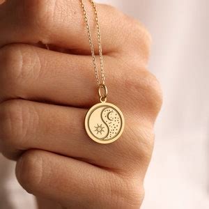 K Solid Gold Moon And Sun Necklace Personalized Moon Sun Pendant