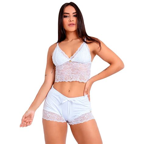 Pijama Short Doll Baby Doll Imi Lingerie Cropped Microfibra Renda