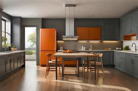 Premium AI Image A Kitchen With Orange Cabinets And A Refrigerator