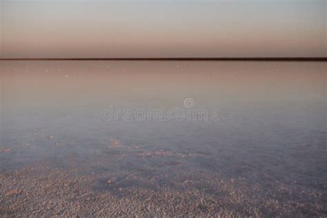 Pink Salt Lake At Sunset Water Surface Reflects The Mountain Stock