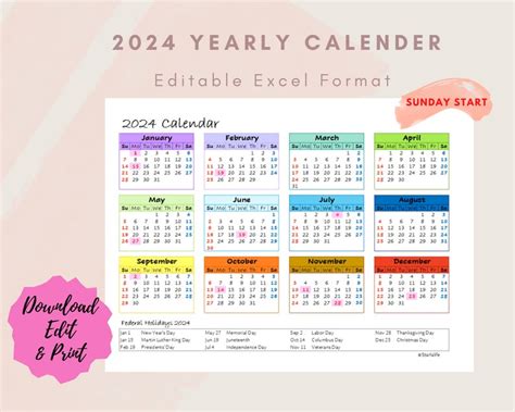 2024 Yearly One Page Excel Calendar - Etsy