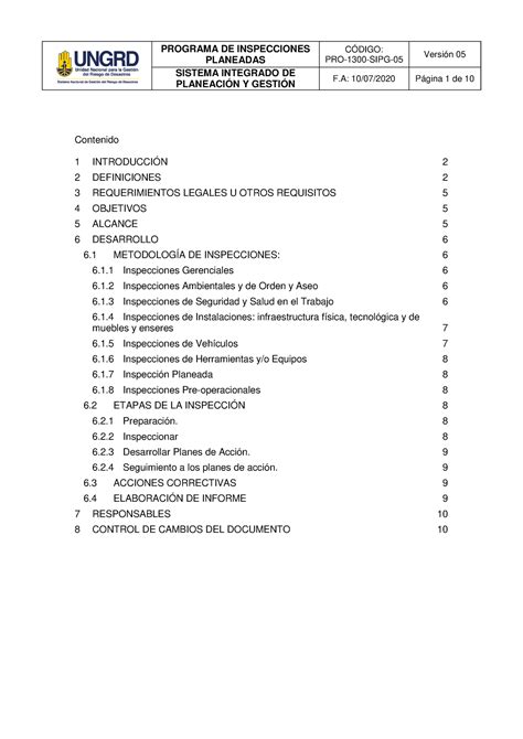 Programa De Inspecciones Planeadas PLANEADAS SISTEMA INTEGRADO DE