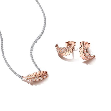 Pandora Floating Curved Feather Necklace Earring Set Rose Gold