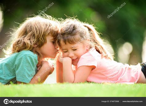 Child Boy Girl Hugging Each Other Love Spring Garden Two Stock Photo By