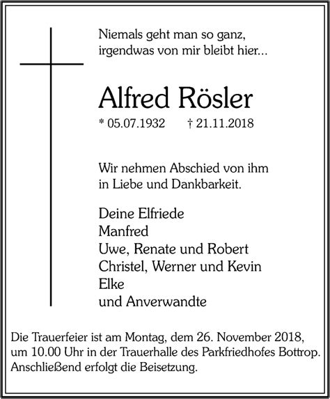 Traueranzeigen Von Alfred R Sler Trauer In Nrw De