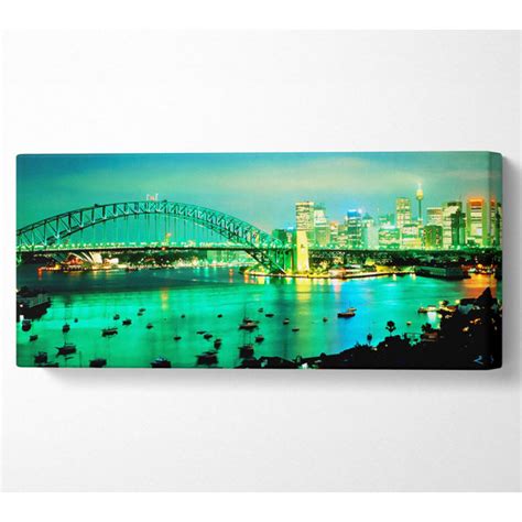 Ebern Designs Sydney Harbour Bridge Green Glow Wrapped Canvas Art